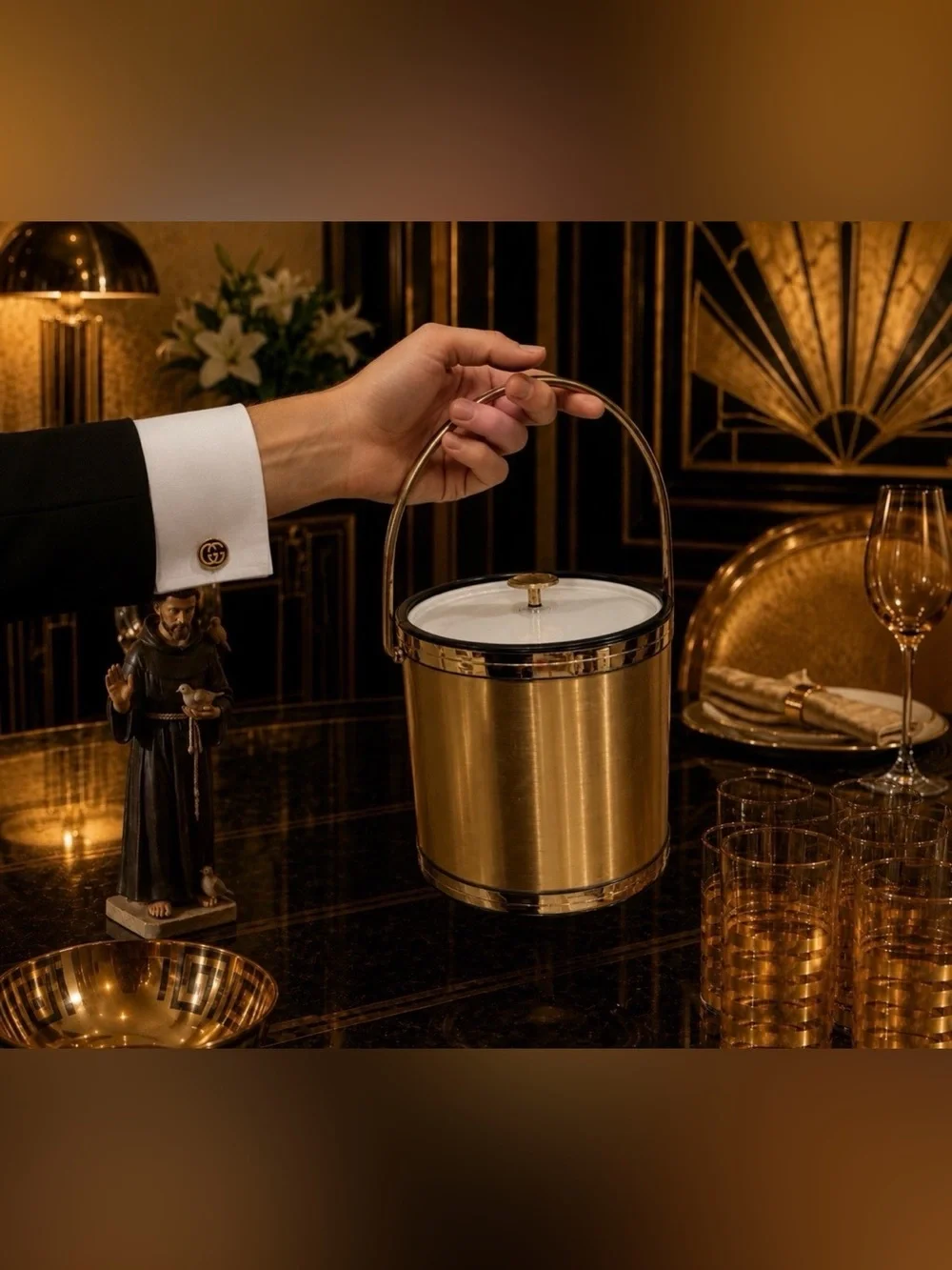 Mid-Century Modern Vintage Gold Ice Bucket Elegance Kraftware NJ Fine Art Deco